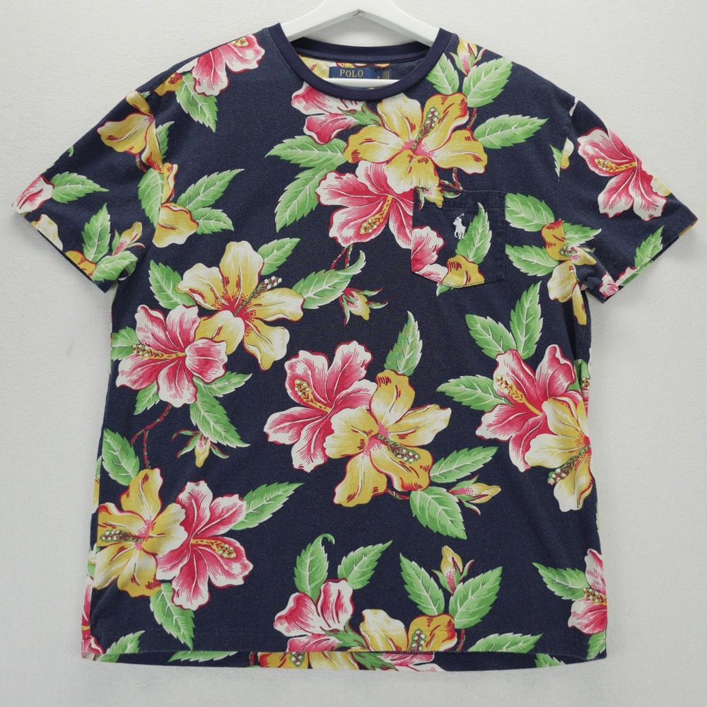 Polo Ralph Lauren Hibiscus Floral Pocket T-Shirt Mens Medium Navy Tropical‎ Pony - Picture 2 of 7